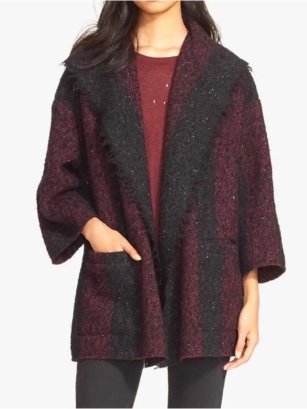 IRO Paris Bouclé Striped Open Front Jacket Coat Burgundy Black Wool Blend Size 6